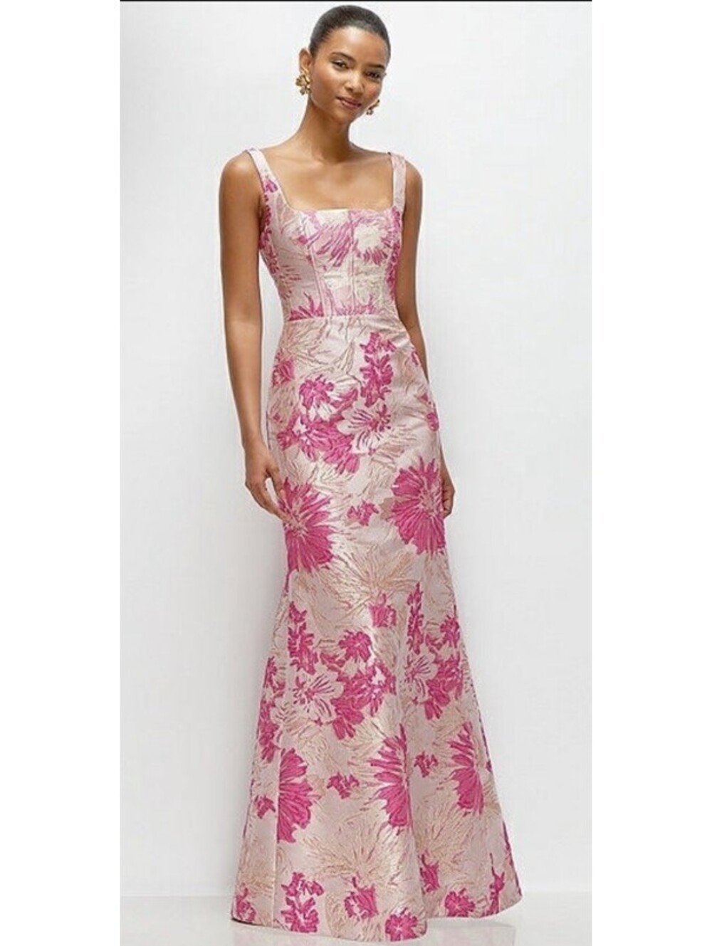 New Dessy Collection Hibiscus Pink FLORAL JACQUARD SQUARE NECK MAXI DRESS Sz 4